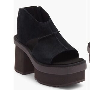 UGG Platform Sandals Womens Black Suede Chunky Block Heel Zip Up Open Toe 10 New